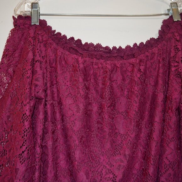 OURS Wine Red Lace Floral Open Shoulders Bohemian Style Silky Lining Blouse L - Picture 9 of 10